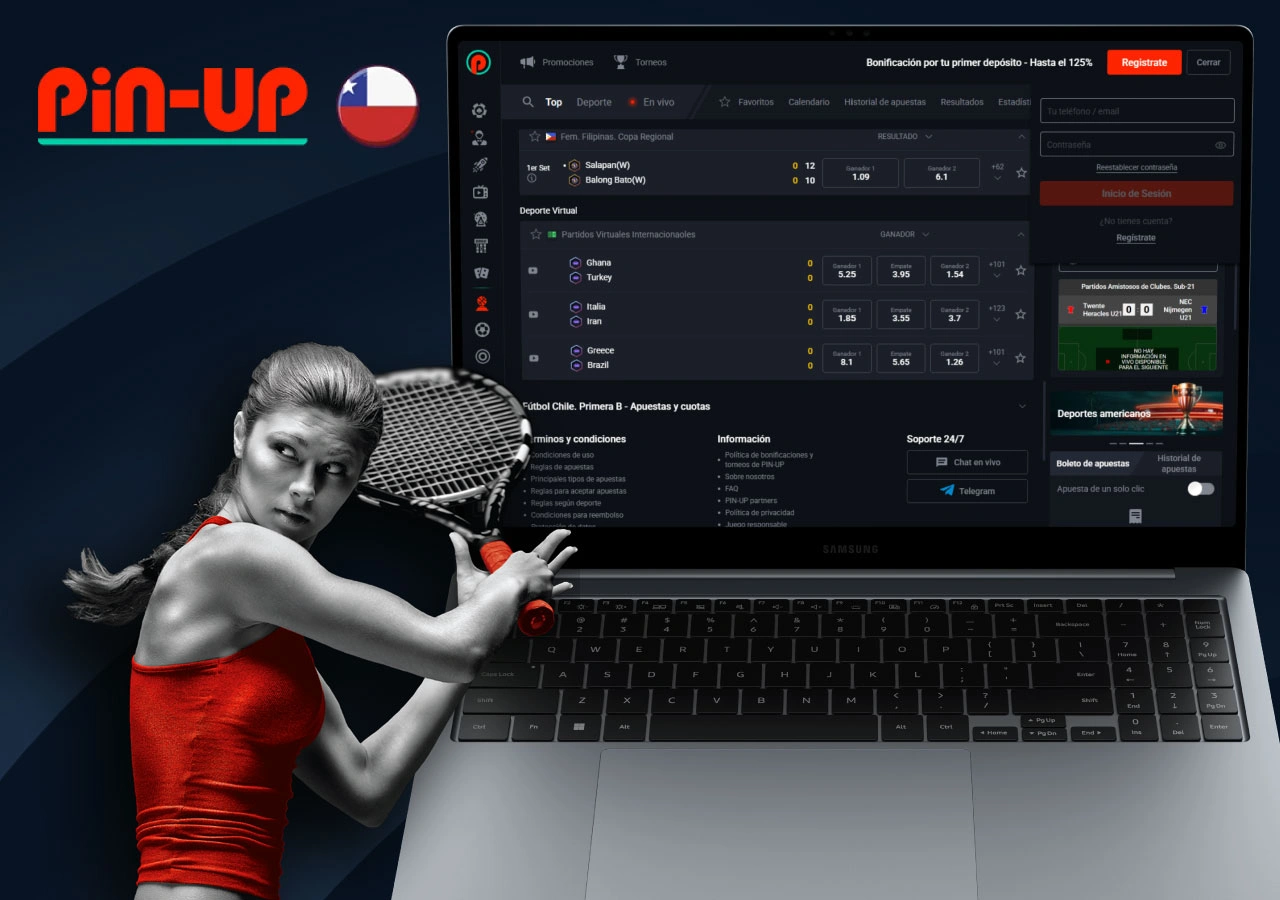 Captura de pantalla de la página del casino y la chica tenista