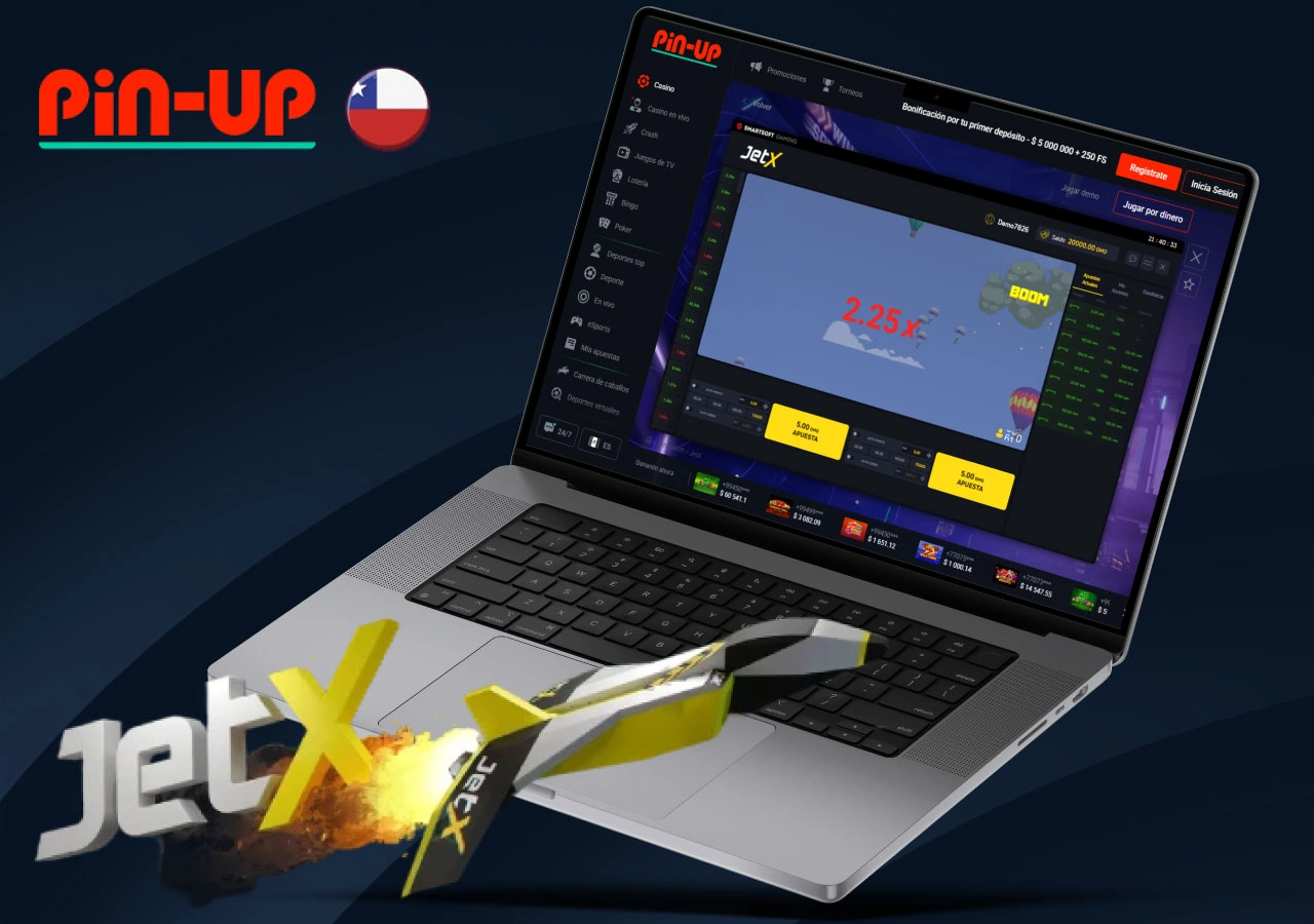 Captura de pantalla de la página del casino y del icono de JetX con un avión a toda velocidad