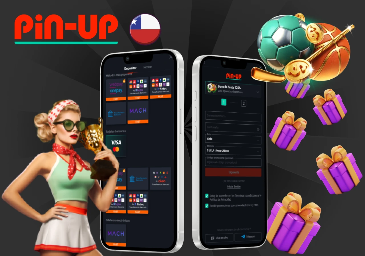 Dos teléfonos con interfaz de Pin-Up Chile mostrando métodos de pago locales y bonos deportivos con premios y regalos coloridos
