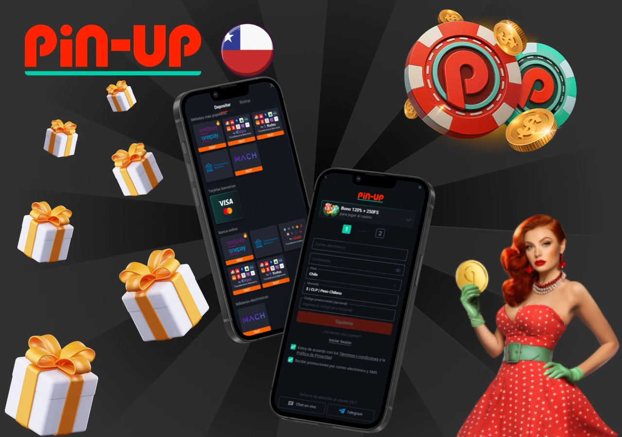Aplicación móvil de Pin-Up Chile con fichas, bonos y una modelo sosteniendo moneda dorada sobre fondo oscuro con regalos